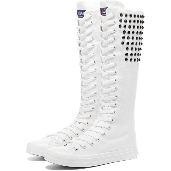 🆕Women & Girls White Canvas Long Rivet Knee High Canvas Boots Punk Style Boots - Picture 3 of 10